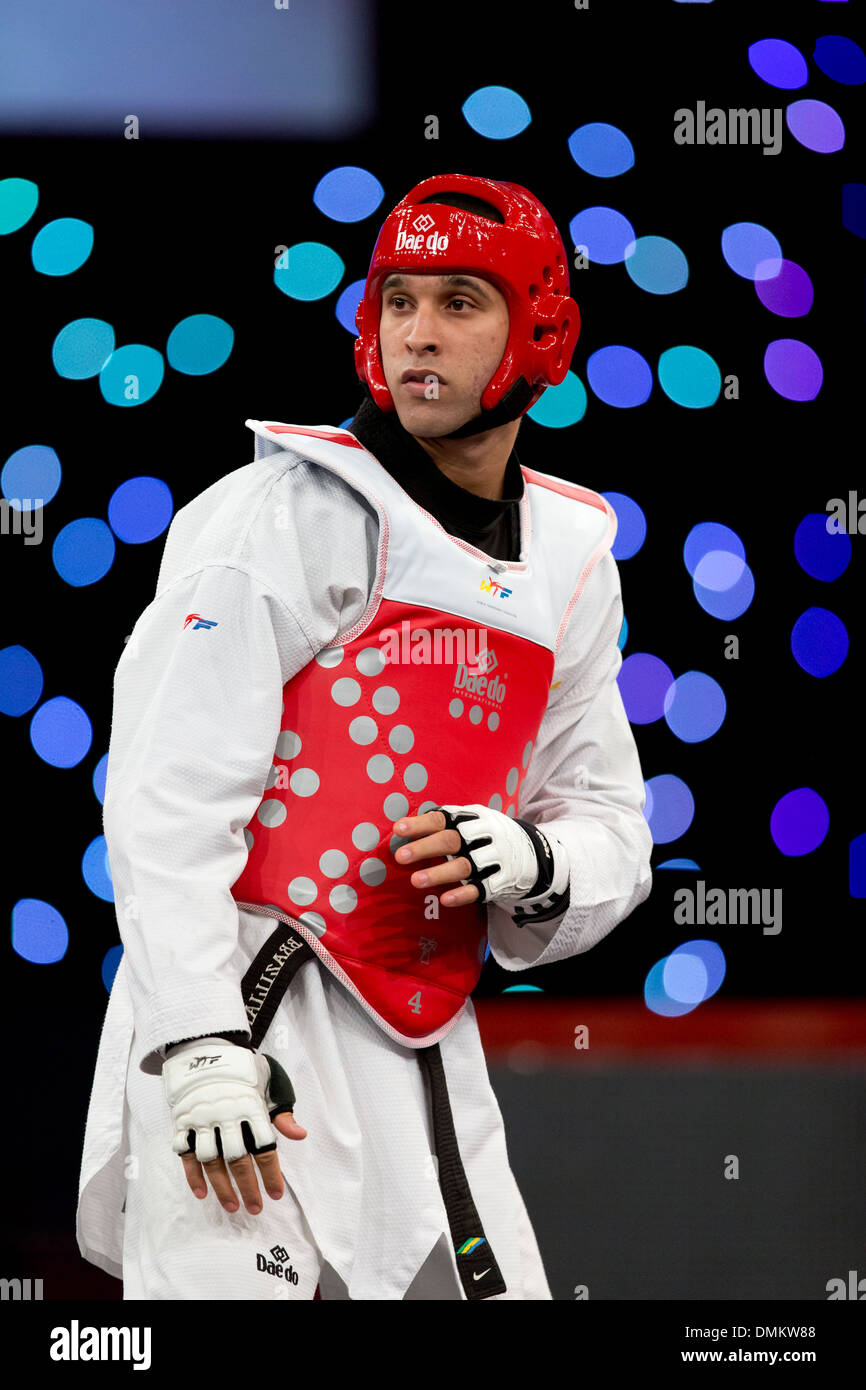 Halbfinale männlich + 80 GUILHERME FELIX (BRA)(Red) V ANTHONY MYLANN OBAME (GAB)(Blue), WTF World Taekwondo Grand Prix, Manchester UK Stockfoto