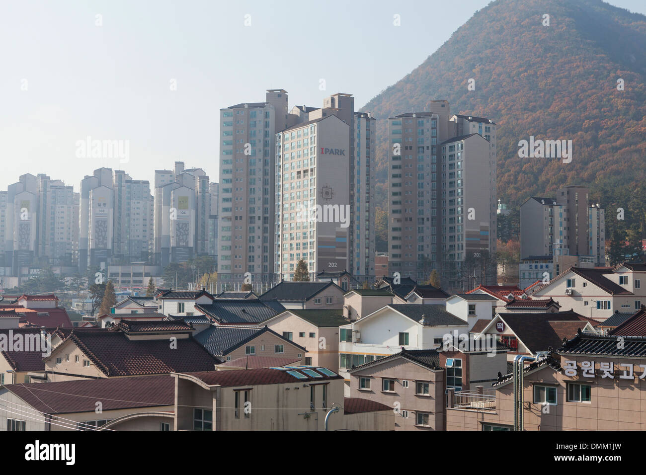 Hochhaus Multi-Komplex Neubauwohnungen unter traditionellen Einfamilien-Häuser - Gimhae, Südkorea Stockfoto