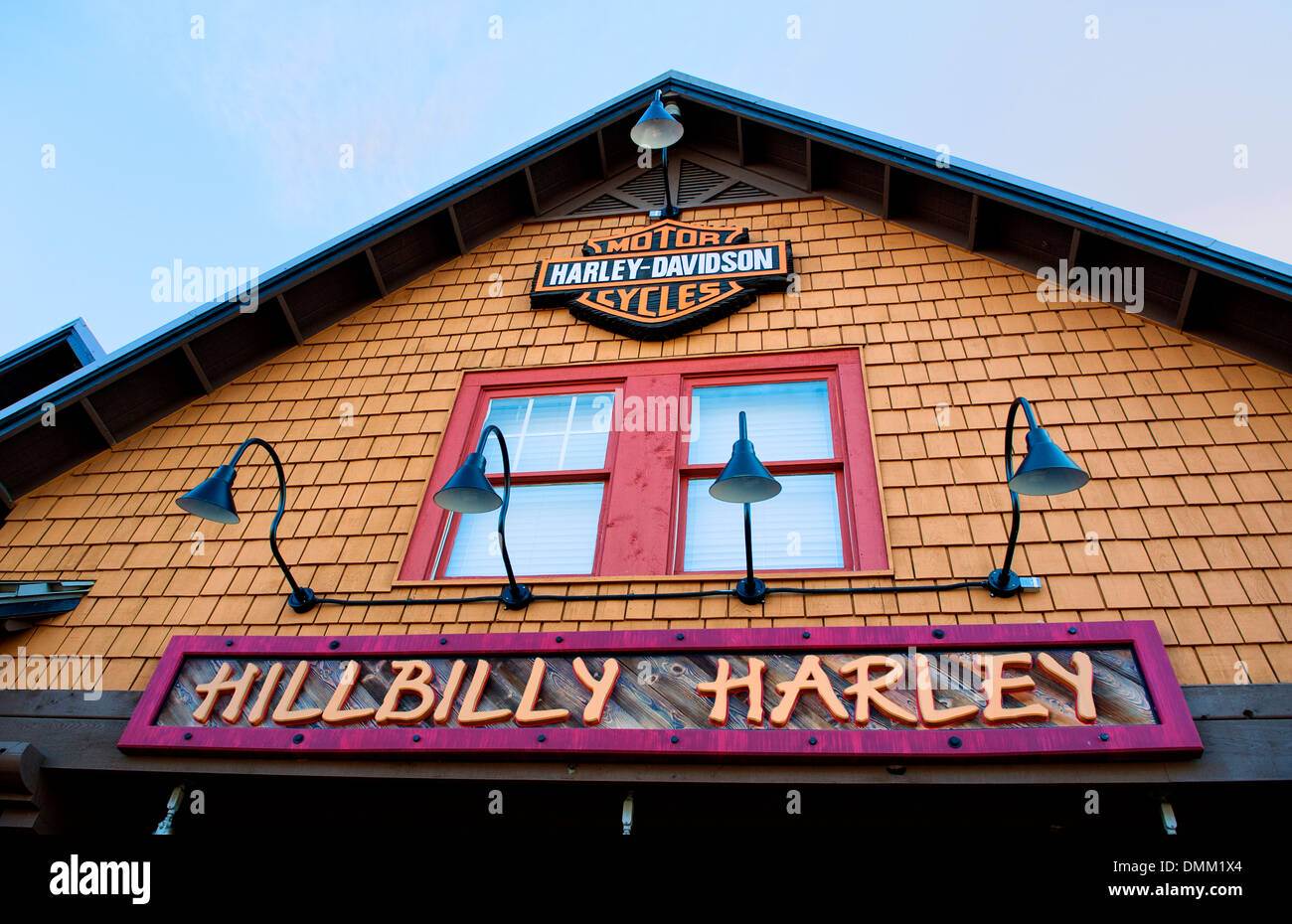 Hillbilly-Harley Davidson-Schaufenster in Gatlinburg, Tennessee Stockfoto