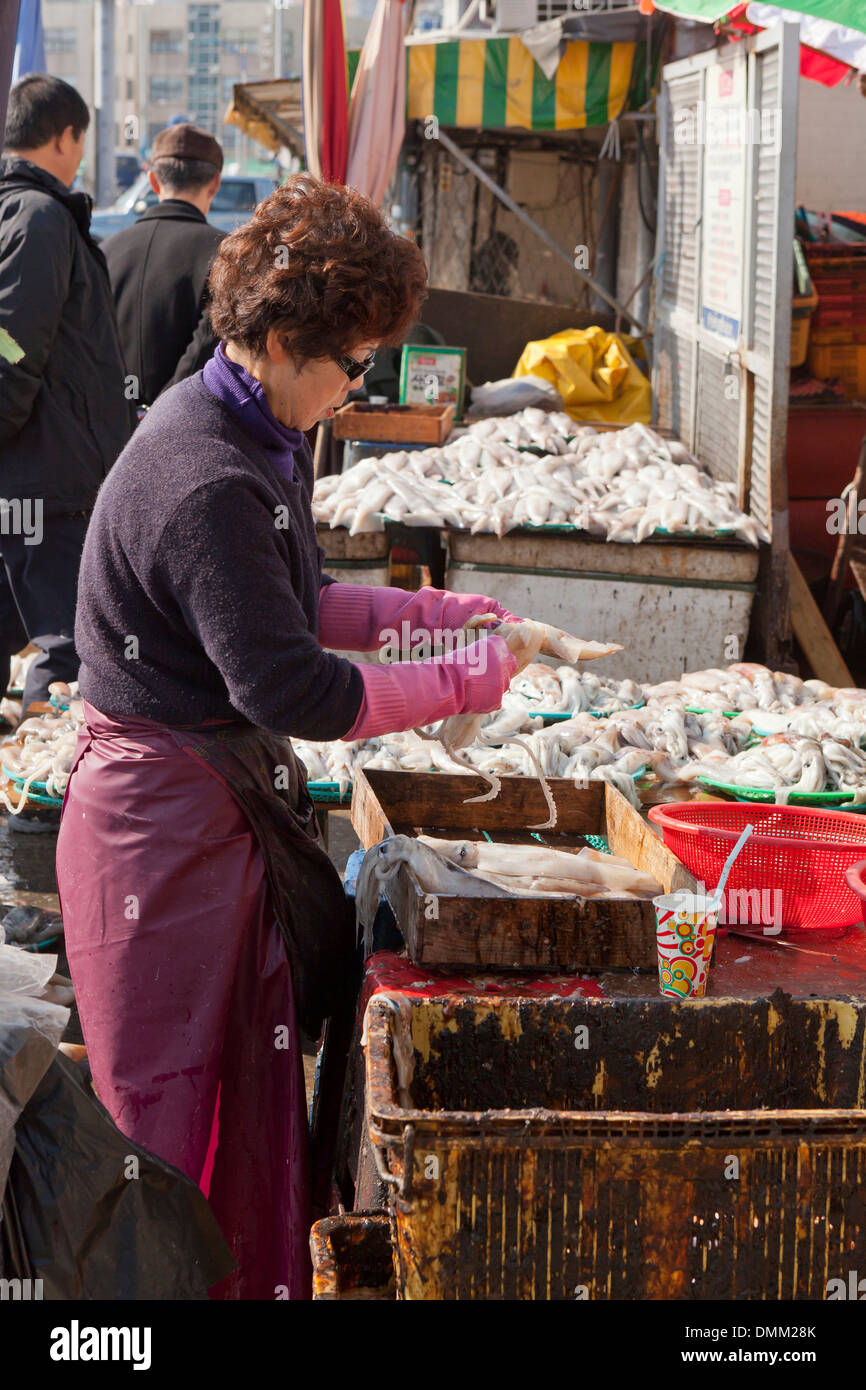 Frau, Reinigung frischen Tintenfisch am Jagalchi Shijang (traditionelle outdoor-Markt) - Busan, Südkorea Stockfoto