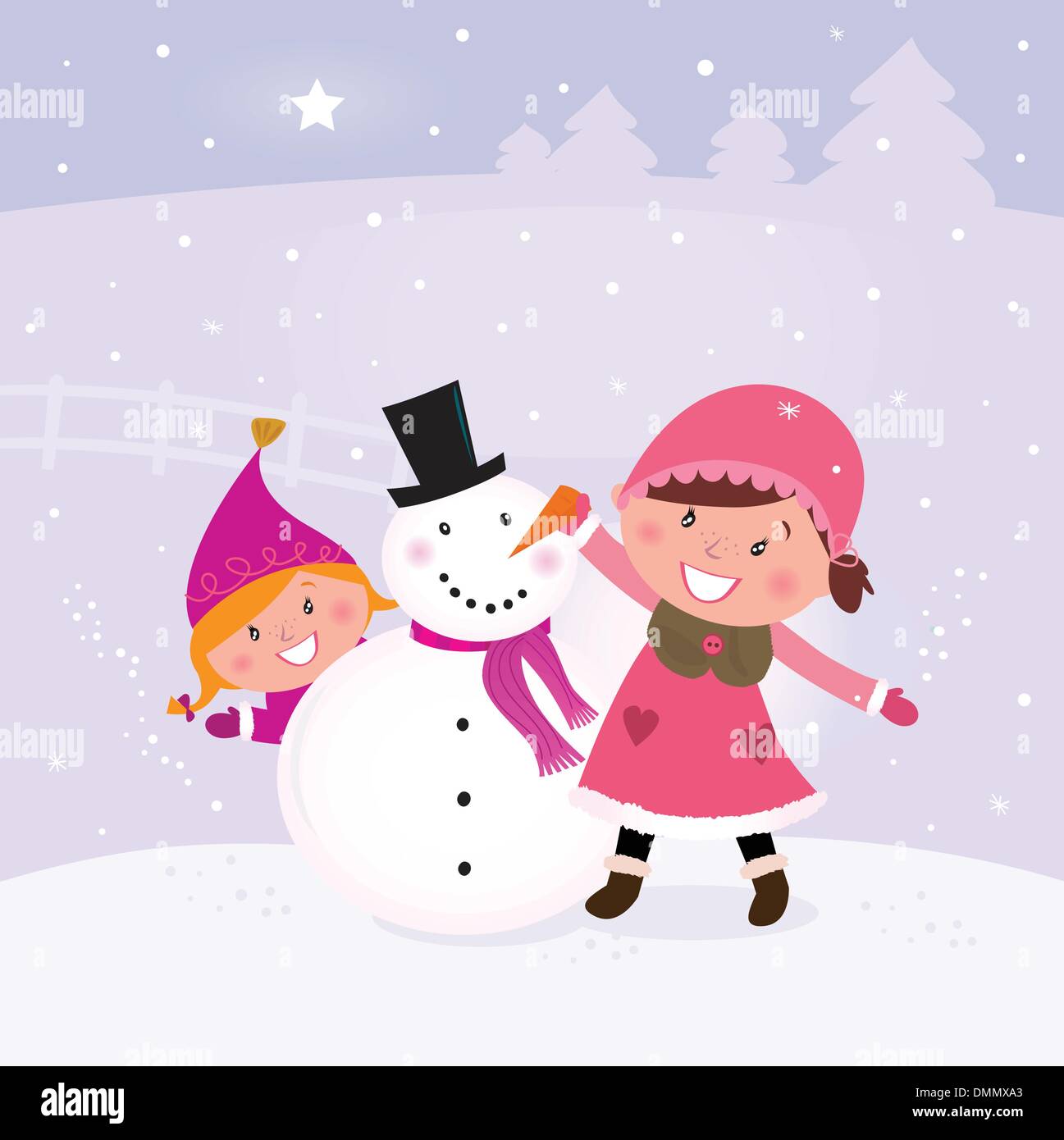 Winter und Weihnachten: zwei glückliche Kinder, Schneemann Stock Vektor