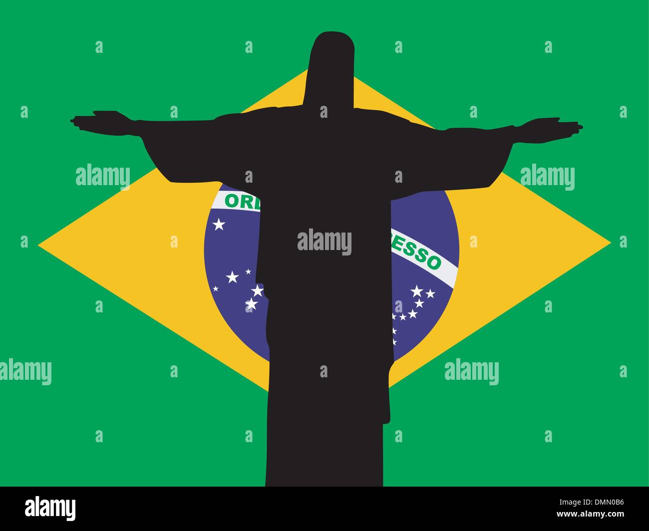 Silhouette von Rio De Janeiro auf brasilianische Flagge Hintergrund Stock Vektor