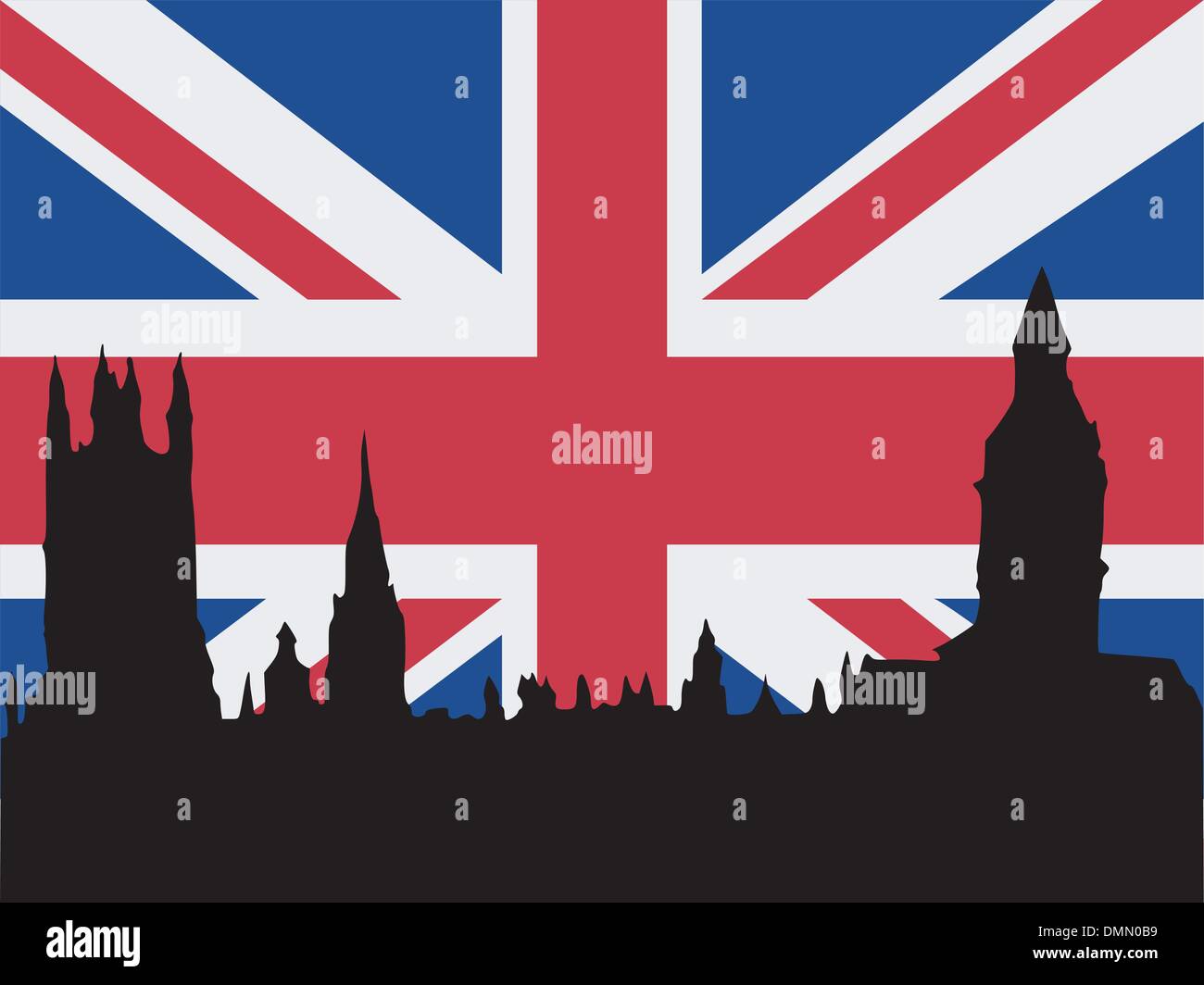 Silhouette von London auf die britische Flagge Hintergrund Stock Vektor