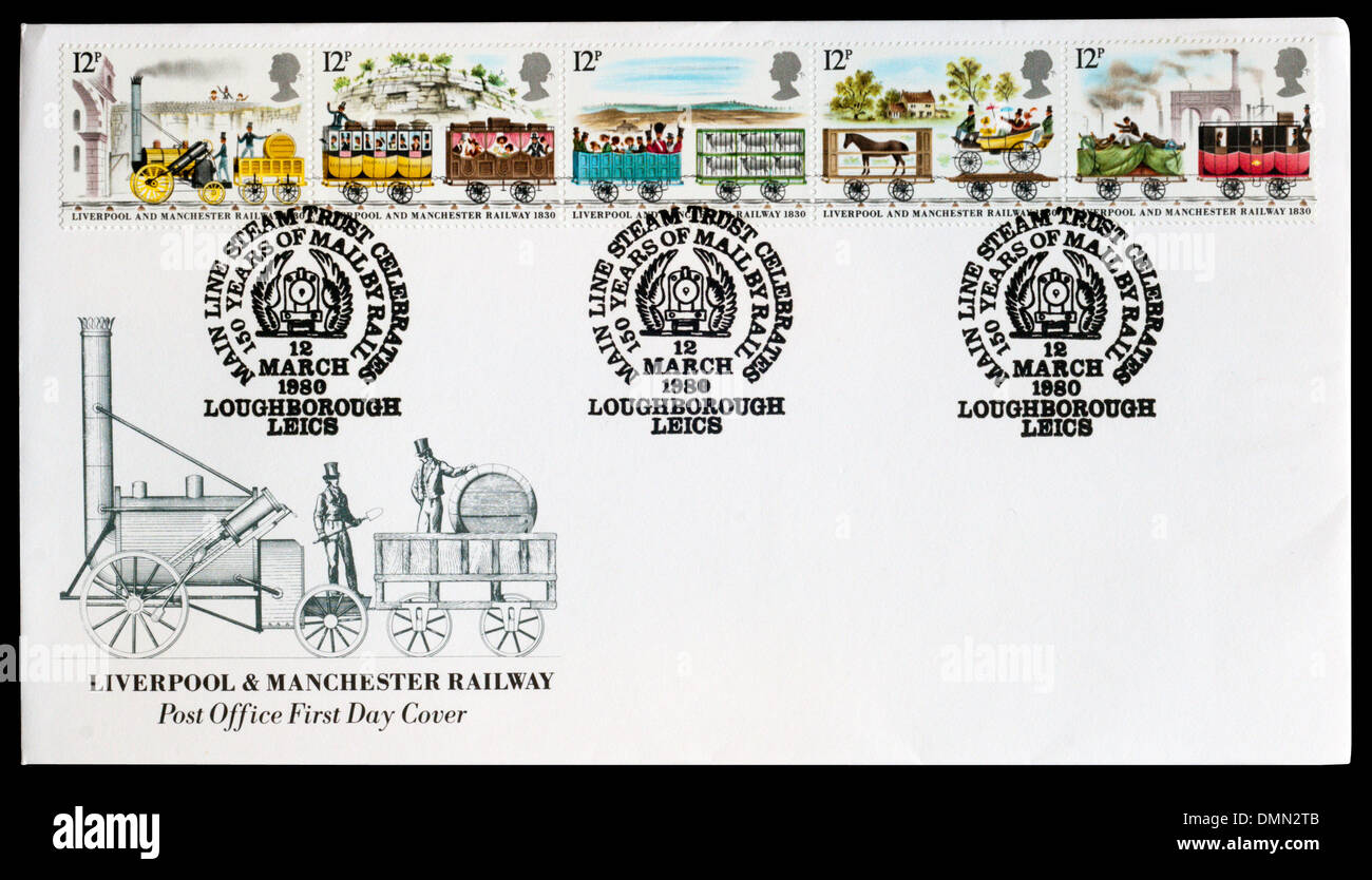 1980 Ersttagsbrief zum 150-jährigen Jubiläum der Post mit der Bahn, postmarked in Loughborough. Zeigt die Liverpool & Manchester Railway. Stockfoto