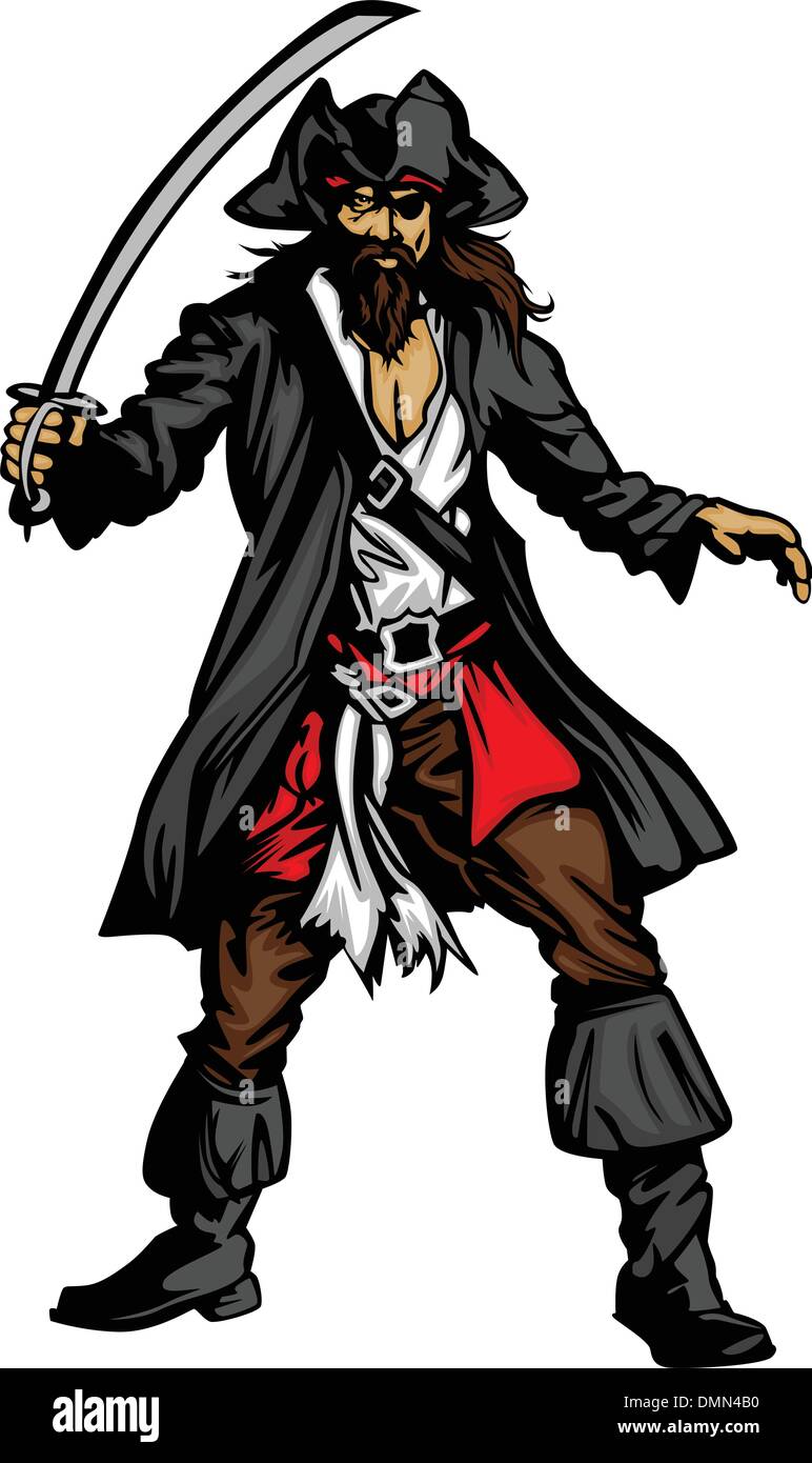 Piraten-Maskottchen stehend mit Schwert und Hut graphischen Vektor-Illustration Stock Vektor