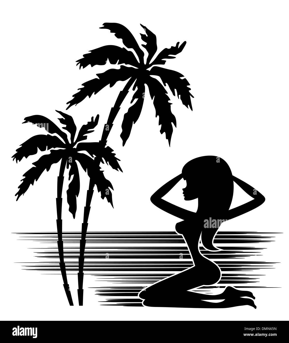 Eine Palm-Baum und Frau Silhouette auf weißem Hintergrund Stock Vektor