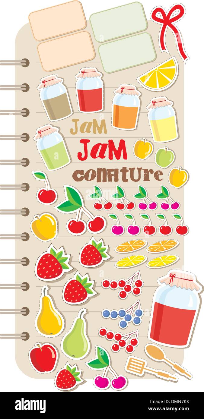 Scrapbook-Elemente mit Obst und Marmelade. Stock Vektor