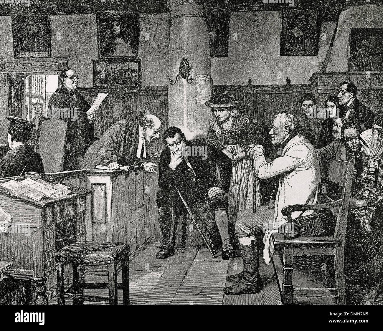Freien Berufes. des 19. Jahrhunderts. Rechtsanwalt und Dorfbewohner vor Gericht. Lesung des Urteils des Gerichtshofs. Gravur. Stockfoto