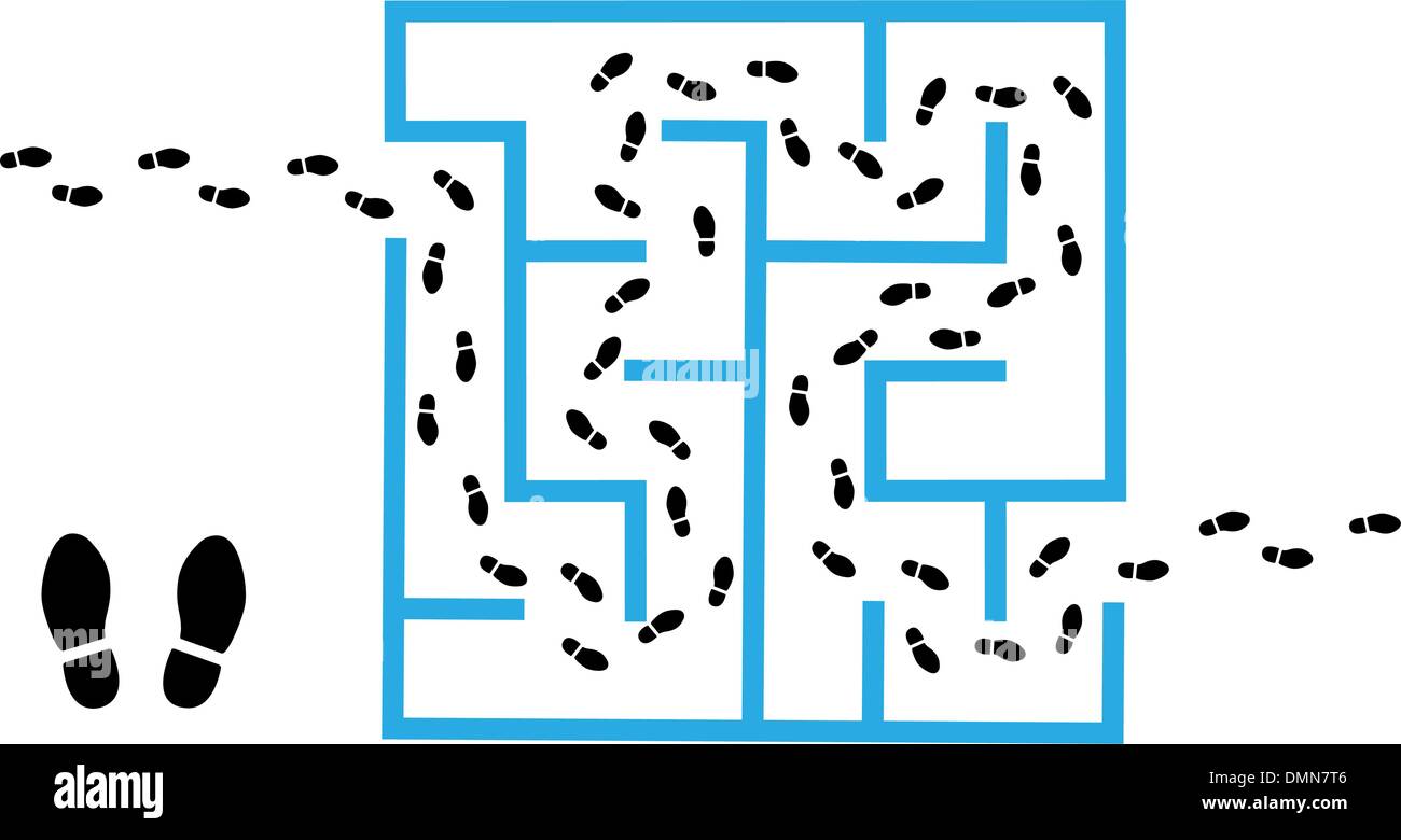 Fußabdrücke finden Lösung durch Labyrinth puzzle Stock Vektor