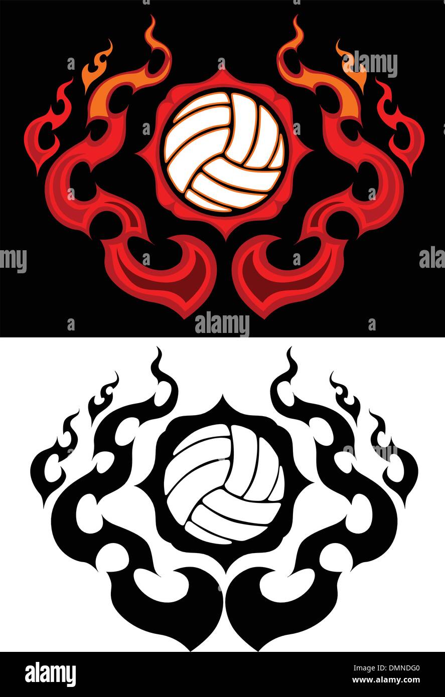 Volleyball mit flammenden Grenze-Tattoo-Vektor-Illustration Stock Vektor