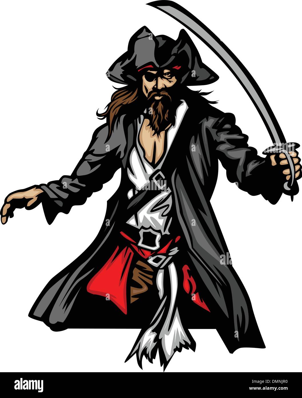 Piraten-Maskottchen stehend mit Schwert und Hut graphischen Vektor-Illustration Stock Vektor