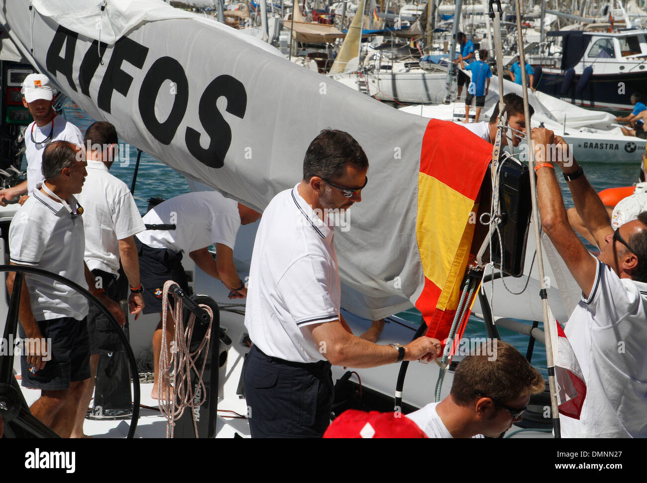Spaniens Kronprinz Felipe segelt an Bord der Yacht Aifos während einer Etappe der Copa del Rey Regatta in Palma De Mallorca, Spanien Stockfoto
