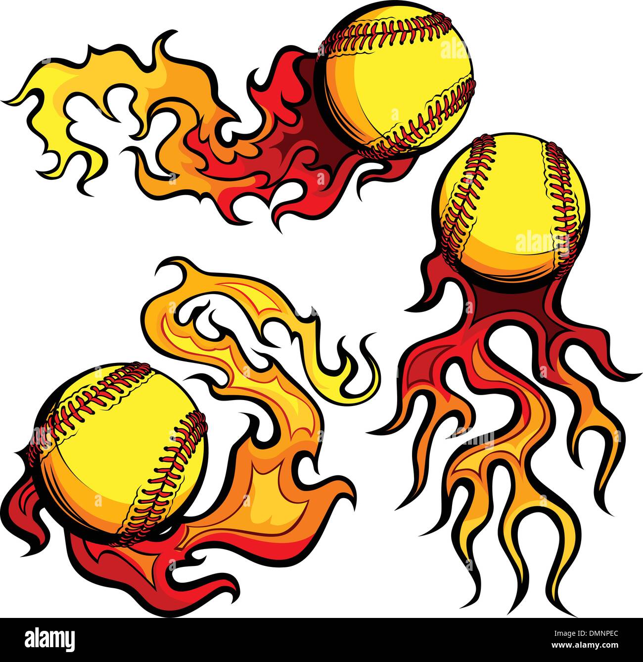 Flammende Softballs mit Flammen-Vektor-Bilder Stock Vektor