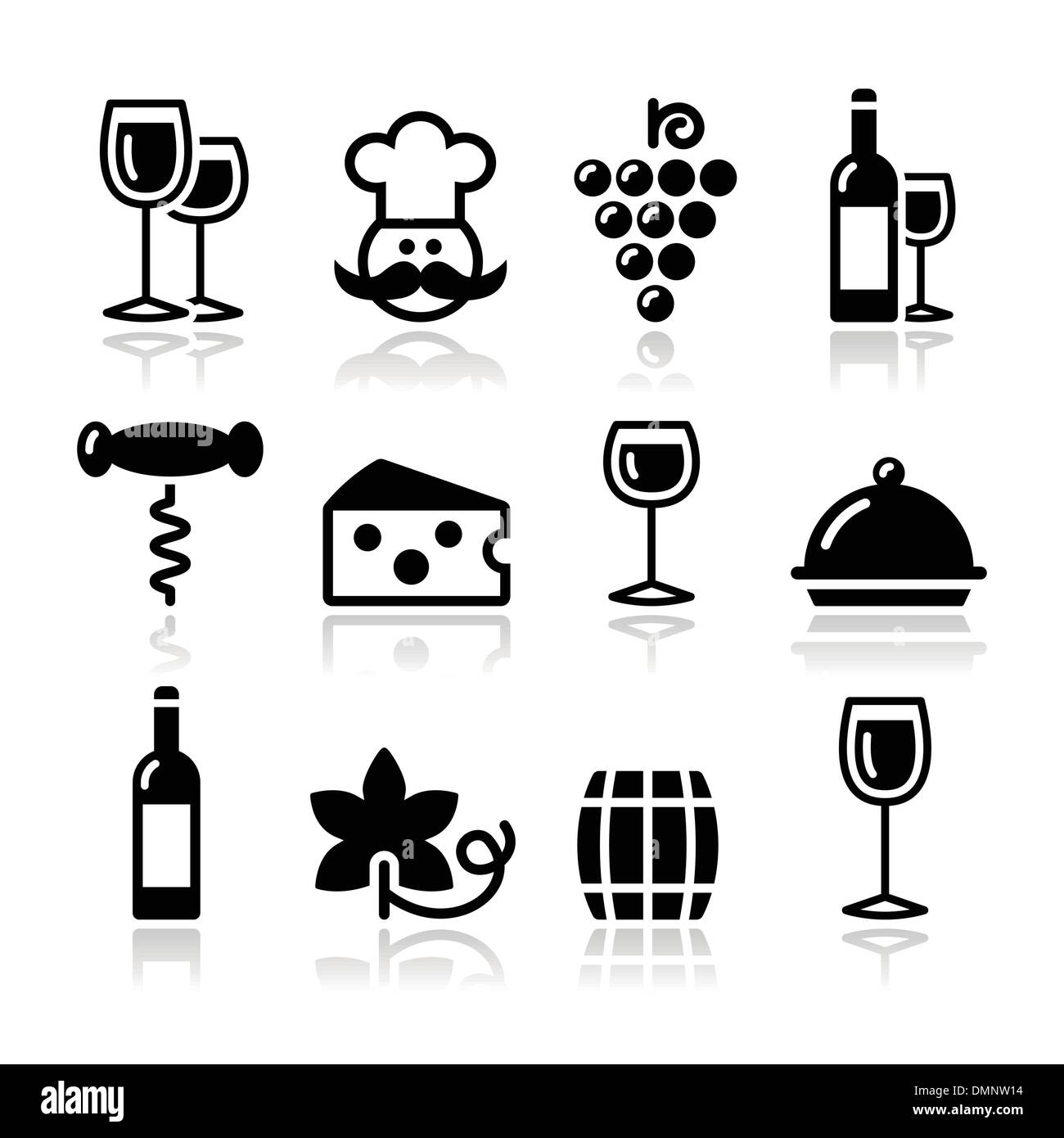 Wein-Ikonen-Set - Glas, Flasche, Restaurant, Essen Stock Vektor