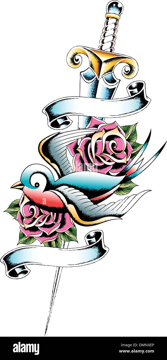 Rose und Schwert Tattoo schlucken Stock-Vektorgrafik - Alamy