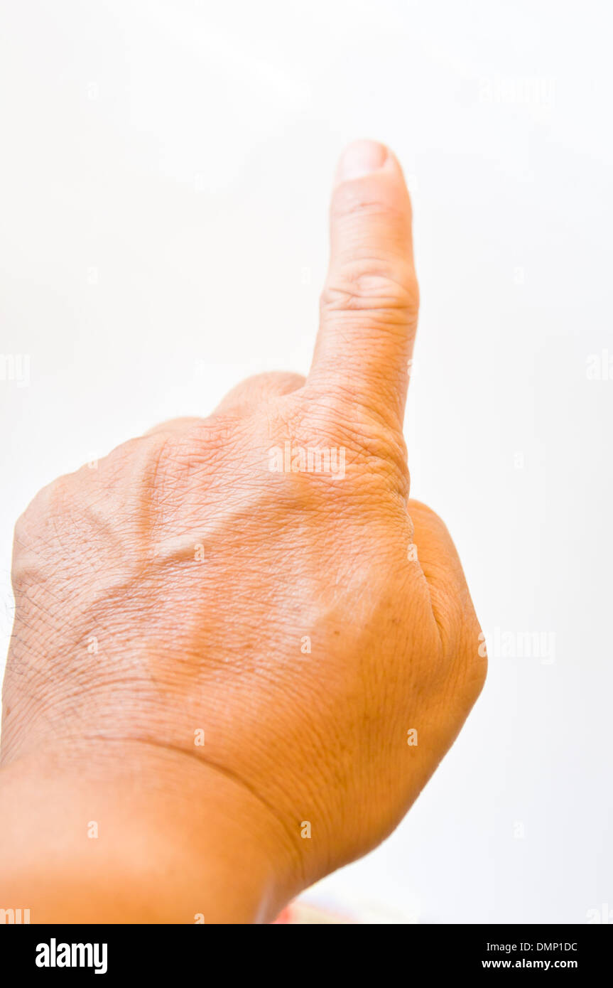 Finger von Erwachsenen auf weißem Hintergrund zeigen Stockfoto