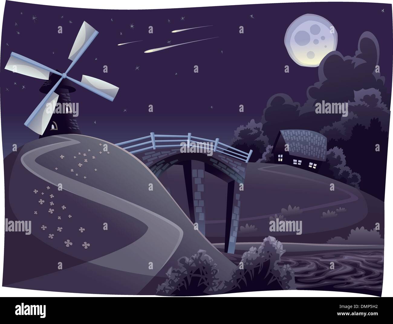 Landschaft mit Windmühle in der Nacht. Stock Vektor