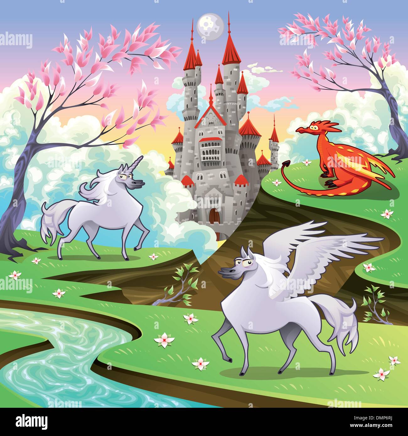 Pegasus, Einhorn und Drachen in eine mythologische Landschaft. Stock Vektor