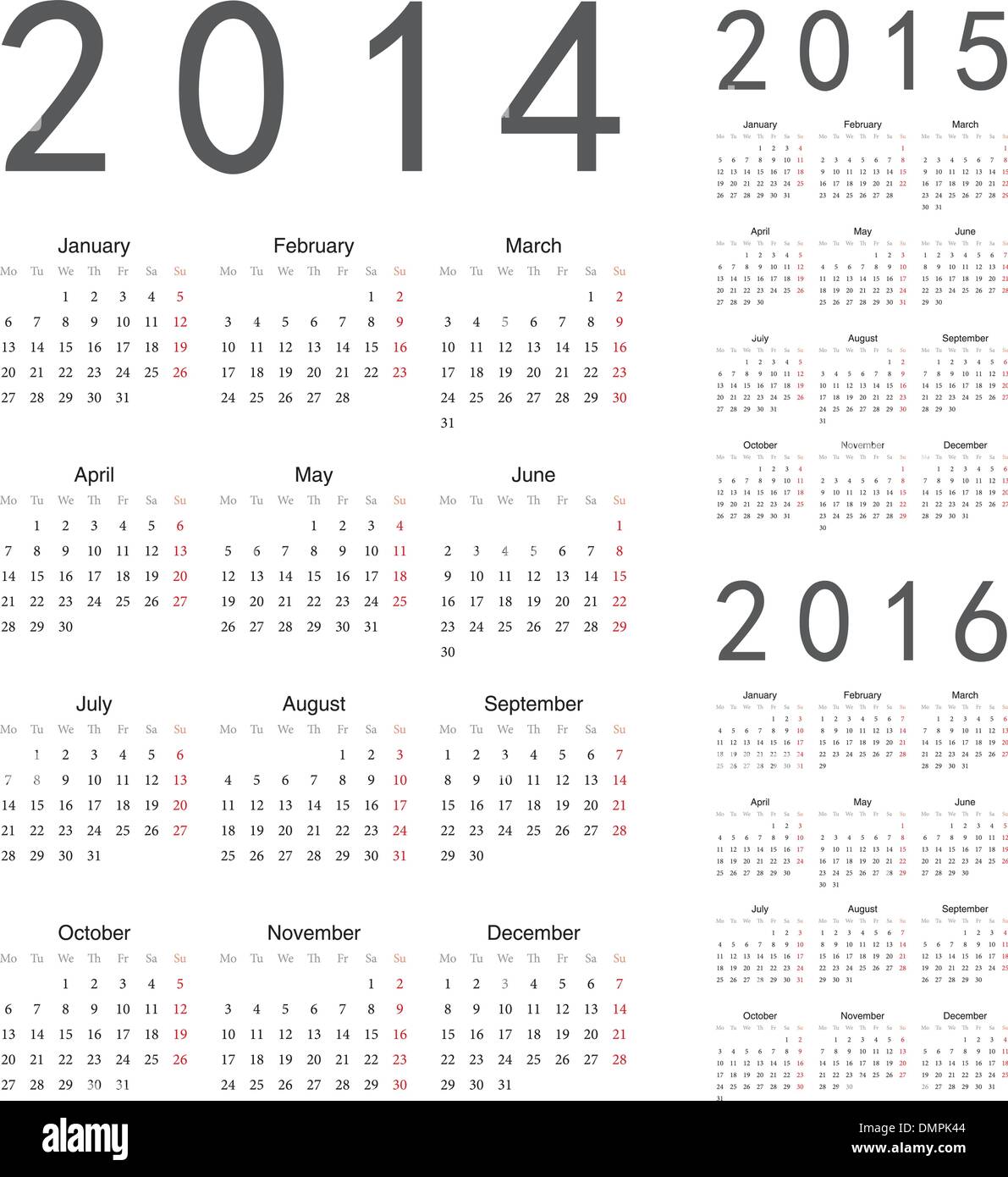 Europäischen 2014, 2015, Vektor 2016 Jahr-Kalender Stock Vektor