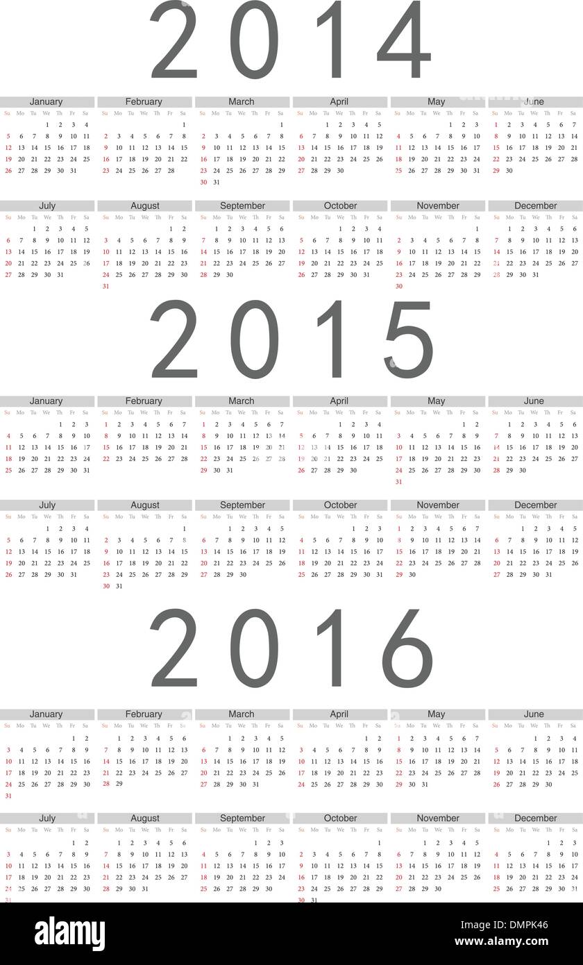 Europäischen 2014, 2015, 2016 Vektor-Jahreskalender Stock Vektor