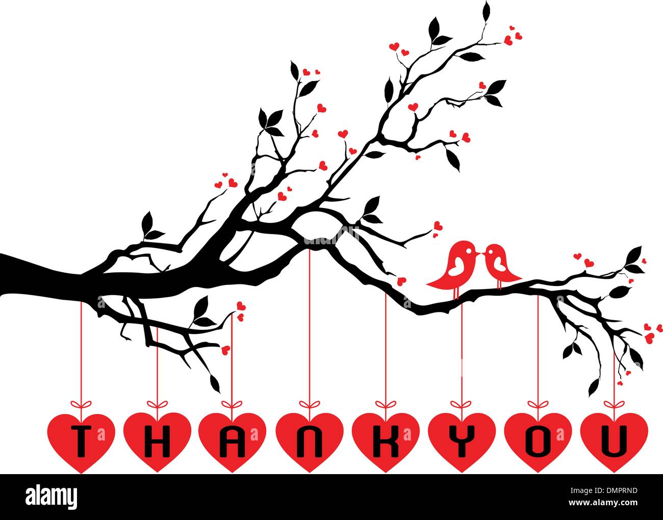 Vögel auf Baum mit roten Herzen, Vektor Stock Vektor