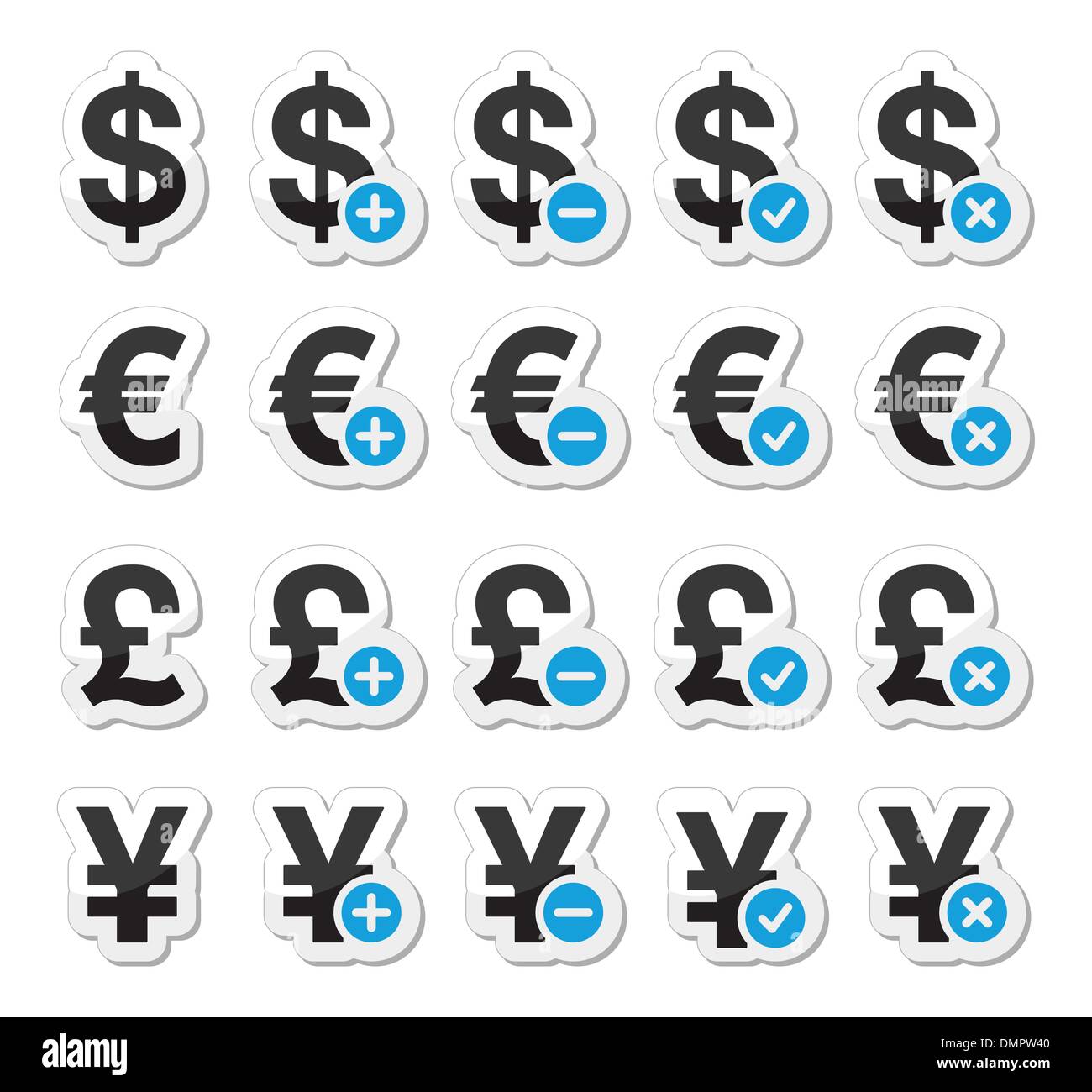 Symbole Währungssatz - Dollar, Euro, Yen, Pfund Stock Vektor
