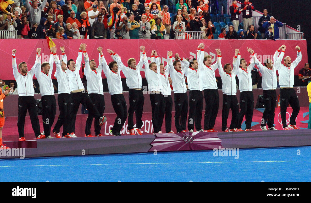 Deutsche Team feiert nach dem Sieg Herren Hockey Final Olympische Spiele London 2012 - Herren Hockey Final - Vs Niederlande Stockfoto