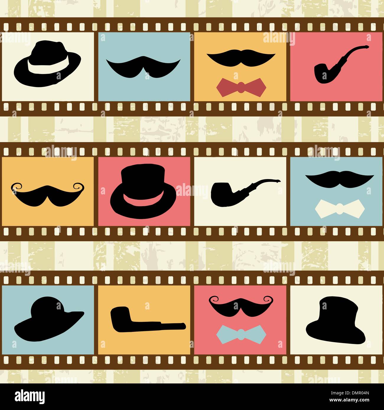Retro-Hintergrund mit Filmstreifen, Schnurrbärte Hüte und Rohre Stock Vektor