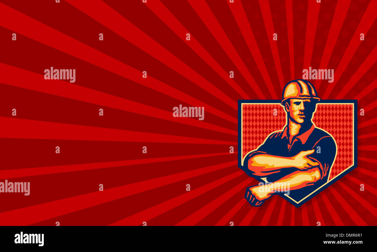 Visitenkarte-Vorlage zeigt Abbildung eines Bauarbeiters tragen Bauarbeiterhelm aufrollen Hülse nach vorne Satz innen s Stockfoto