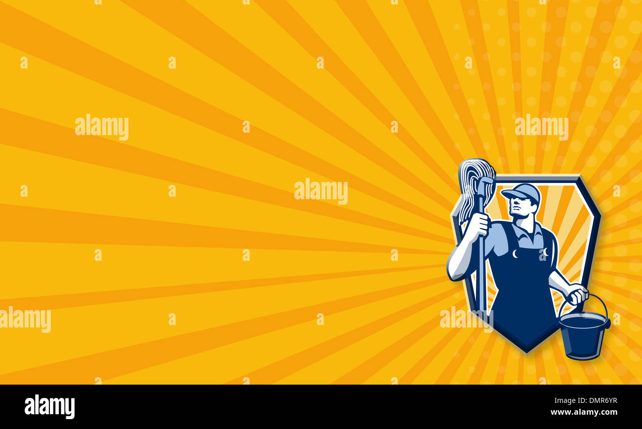 Visitenkarte Vorlage zeigt Abbildung eines Hausmeisters sauberer Arbeitnehmers holding mop und Wasser Eimer Eimer aus niedrigen Winkel betrachtet Stockfoto