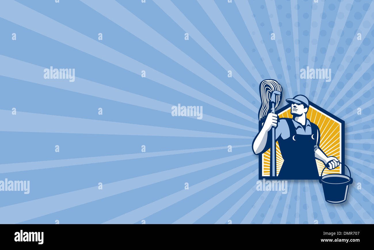 Visitenkarte Vorlage zeigt Abbildung eines Hausmeisters sauberer Arbeitnehmers holding mop und Wasser Eimer Eimer aus niedrigen Winkel betrachtet Stockfoto