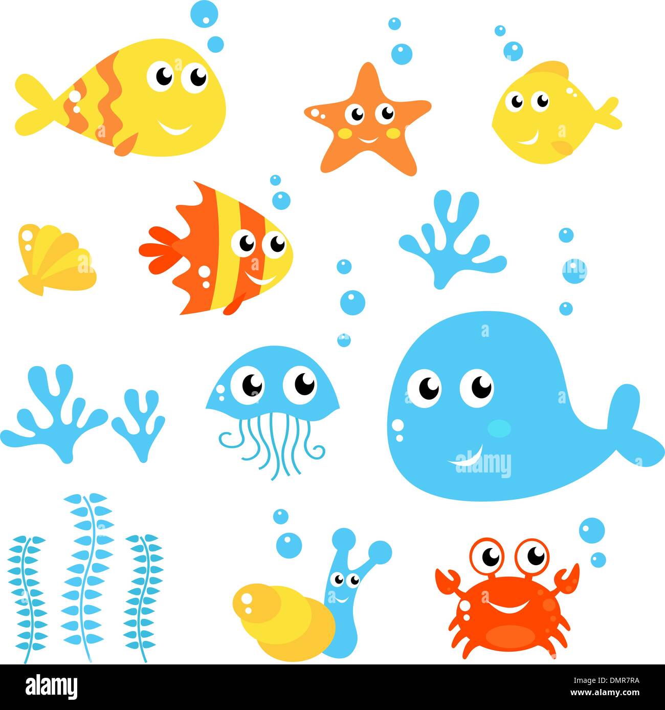 Leben im Meer - Meer und Fische Sammlung isoliert auf weiss Stock Vektor
