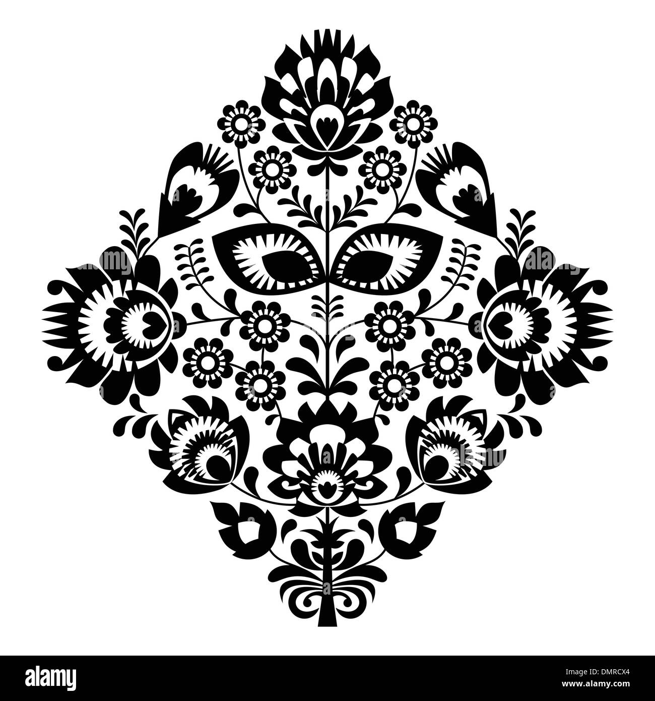 Volkstümliche Stickerei mit Blumen - traditionelle polnische Muster in schwarz-weiß Stock Vektor