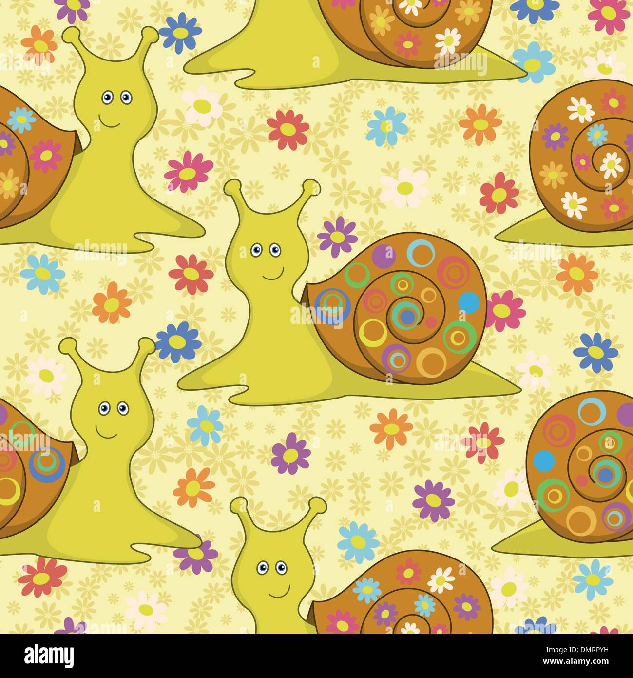 Seamless, Cartoon-Schnecke und Blumen Stock Vektor