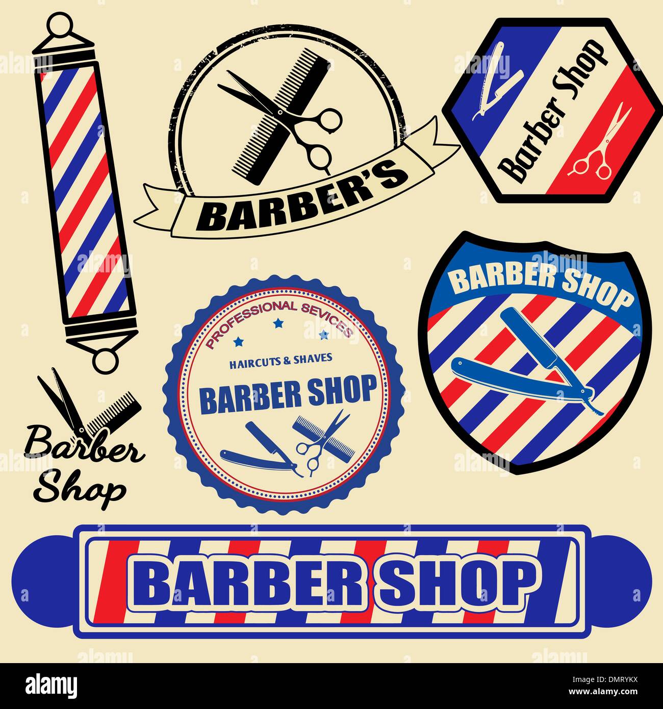 Satz von Vintage Barber Shop Etiketten und Stempel Stock Vektor