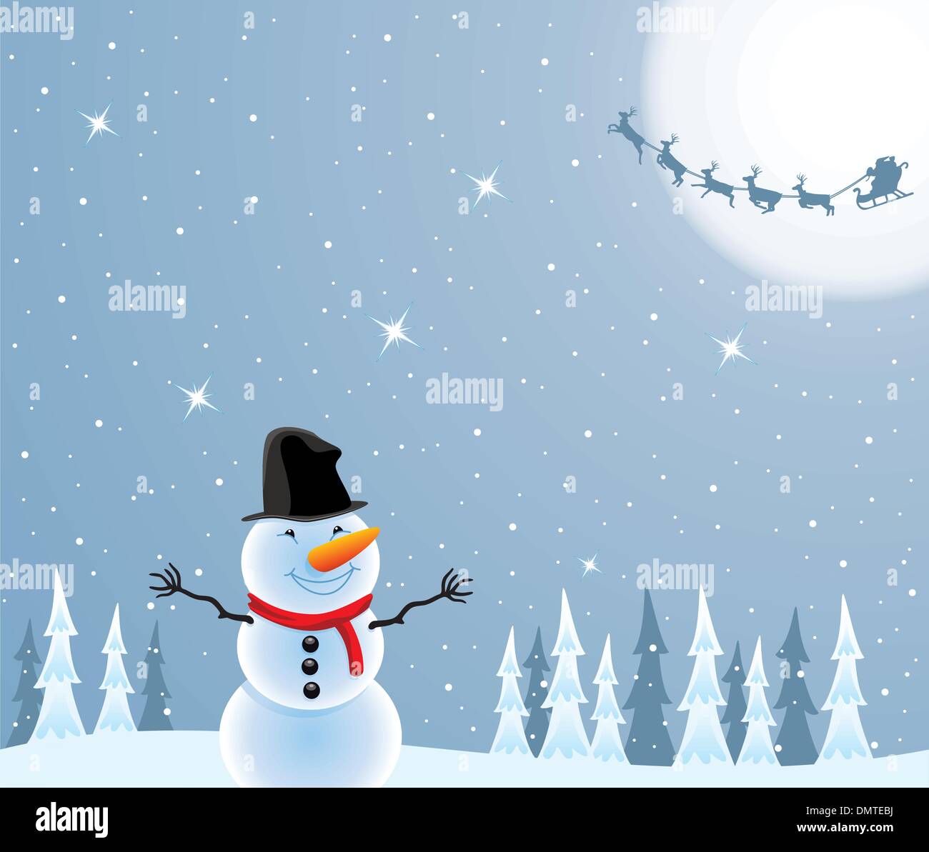 Vektor-Schneemann, Weihnachtsmann und Hirsche fliegen Stock Vektor