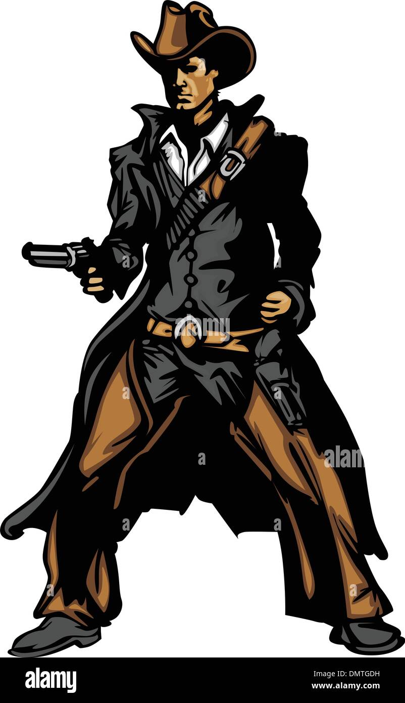 Cowboy-Maskottchen mit dem Ziel Pistole Vektor-Illustration Stock Vektor