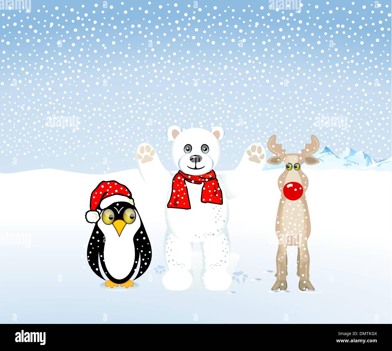 Pinguine, Eisbären und Rentier feiern Weihnachten Stock Vektor