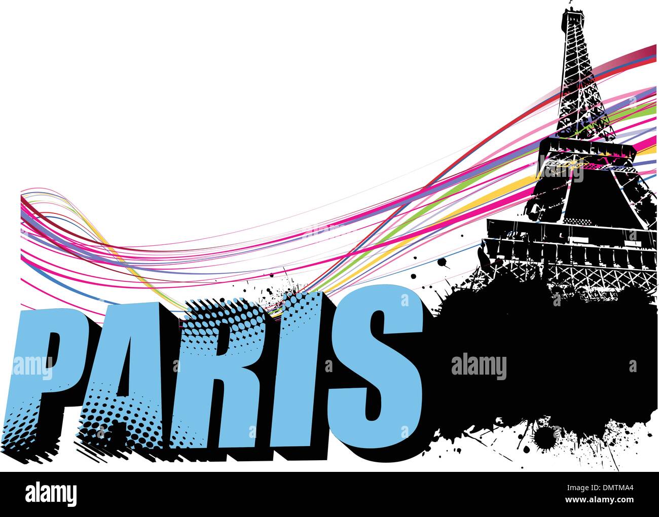 3D Wort Paris auf dem Eiffel Turm Grunge Hintergrund. Vektor-illu Stock Vektor