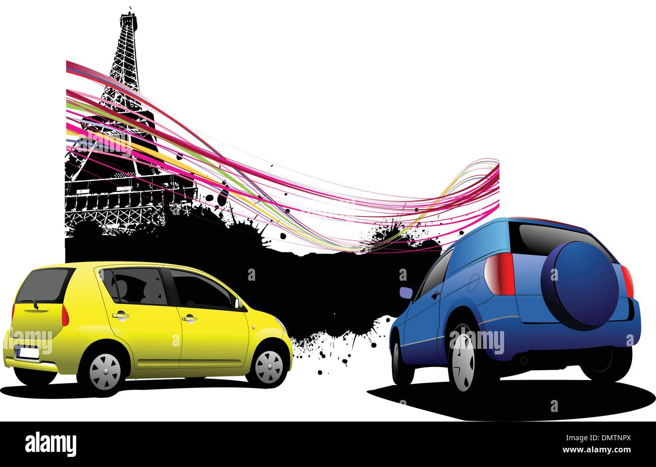 Zwei Autos mit Paris Bild Hintergrund. Vektor-illustration Stock Vektor