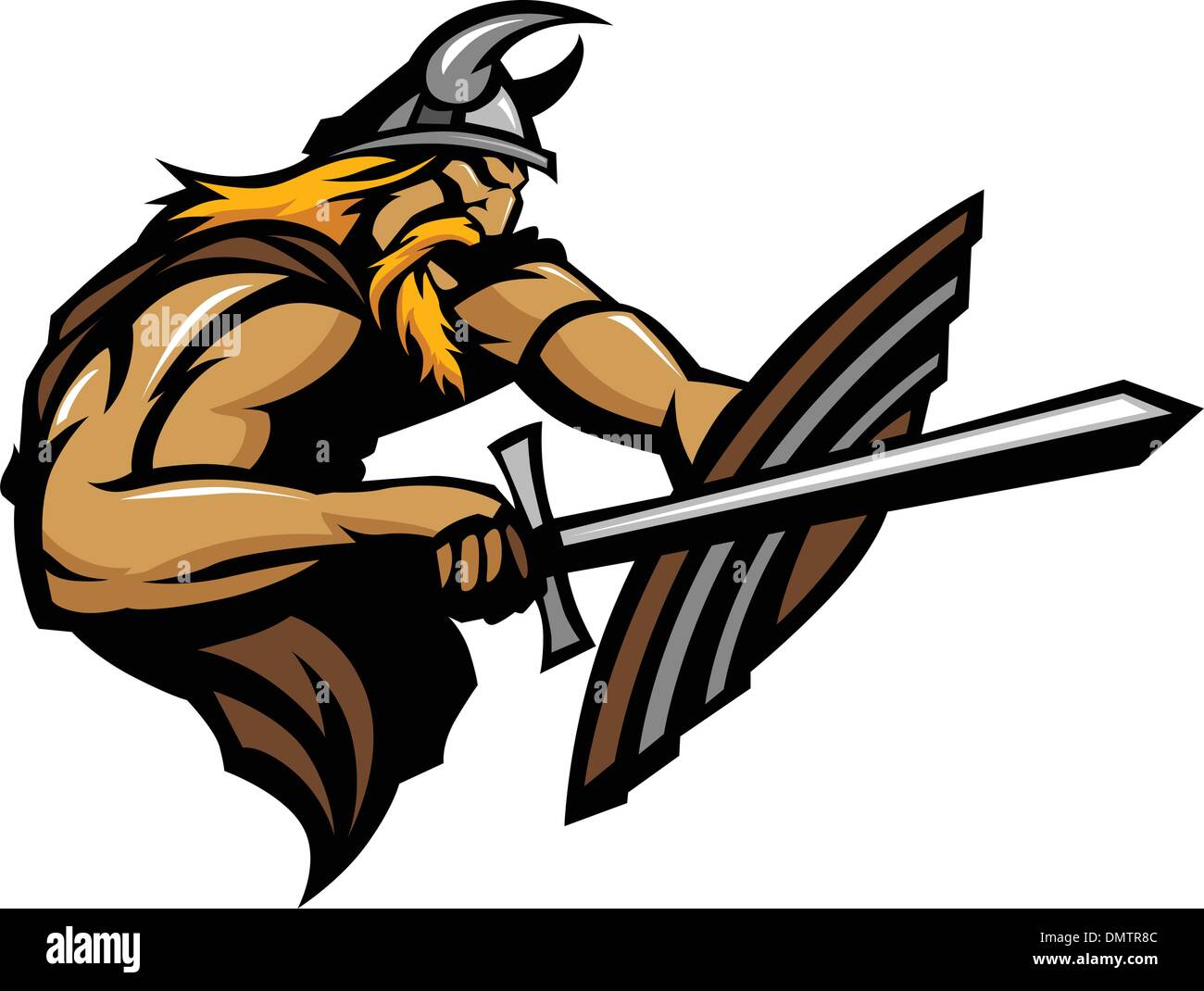 Viking Norseman Maskottchen stechen mit Schwert und Schild-Vektor-Bild Stock Vektor