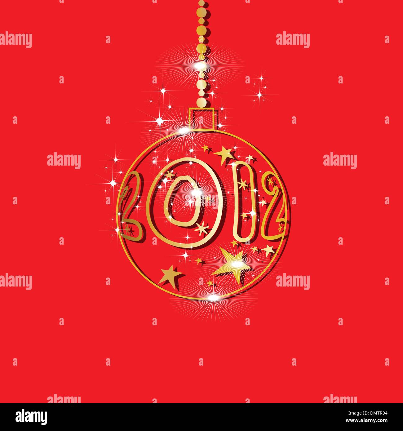 2012 Neujahrs-Grußkarte mit goldenen Kugeln & glänzende Sterne in r Stock Vektor