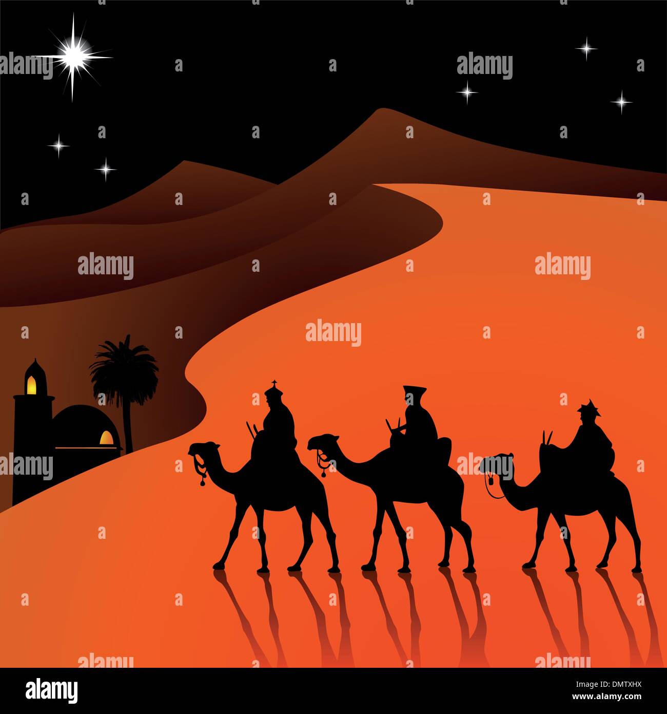 Klassischen drei magische Szene und leuchtender Stern von Bethlehem. Stock Vektor