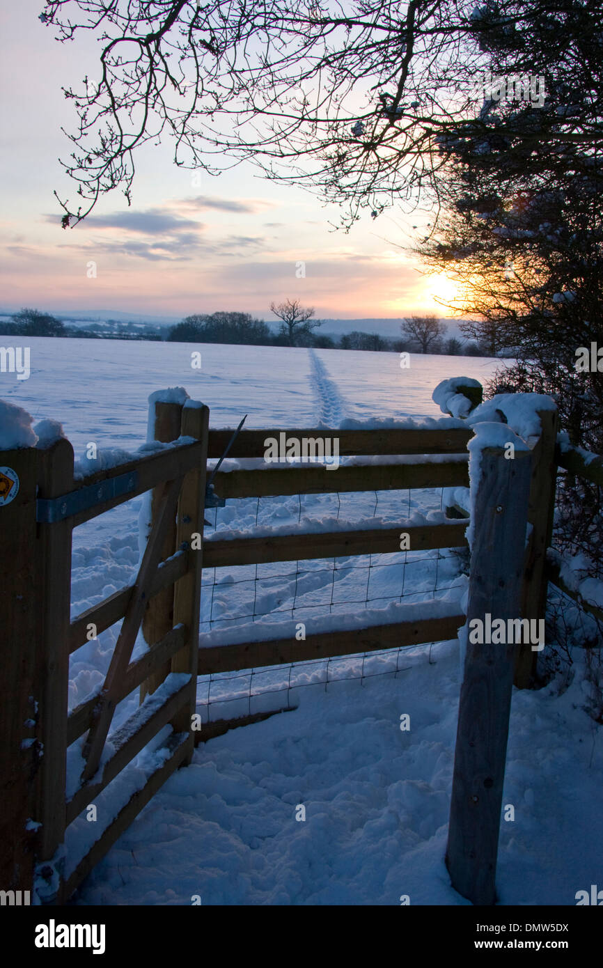 Sonnenaufgang auf schneebedeckte Wiesen Stockfoto