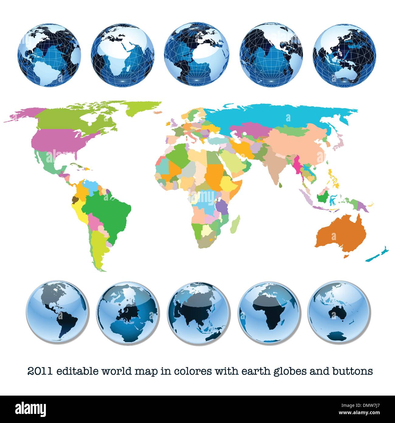 bearbeitbare Weltkarte in Farben mit Erde Globen und Tasten Stock Vektor