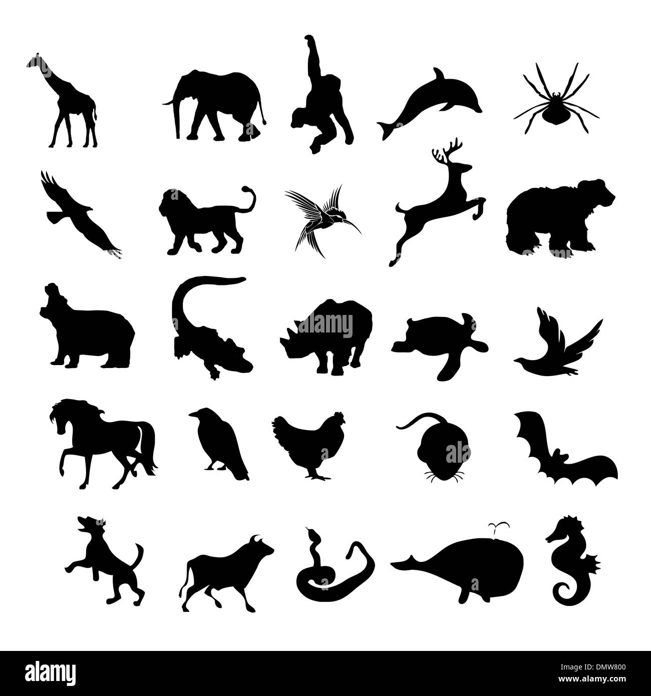 Tiere-Silhouetten, wild und Haustiere, etc. Stock Vektor