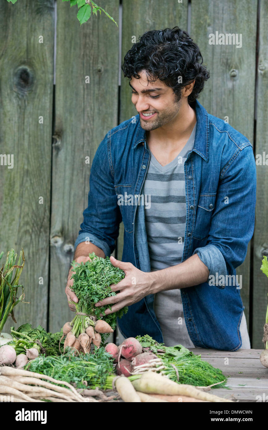 Ein Mann Sortierung frisch gepflückt Gemüse auf einem Tisch. Stockfoto