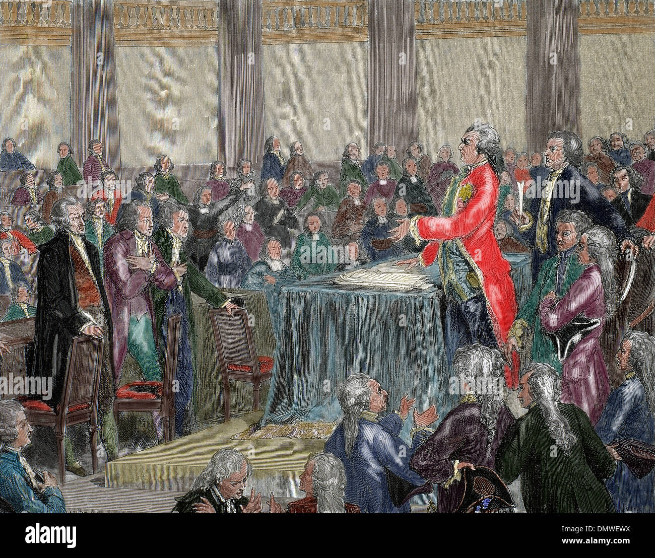 Französische Revolution 1787-1799. Louis XVI war gezwungen, die Verfassung von 1791 von der Nationalversammlung. Gravur. Stockfoto