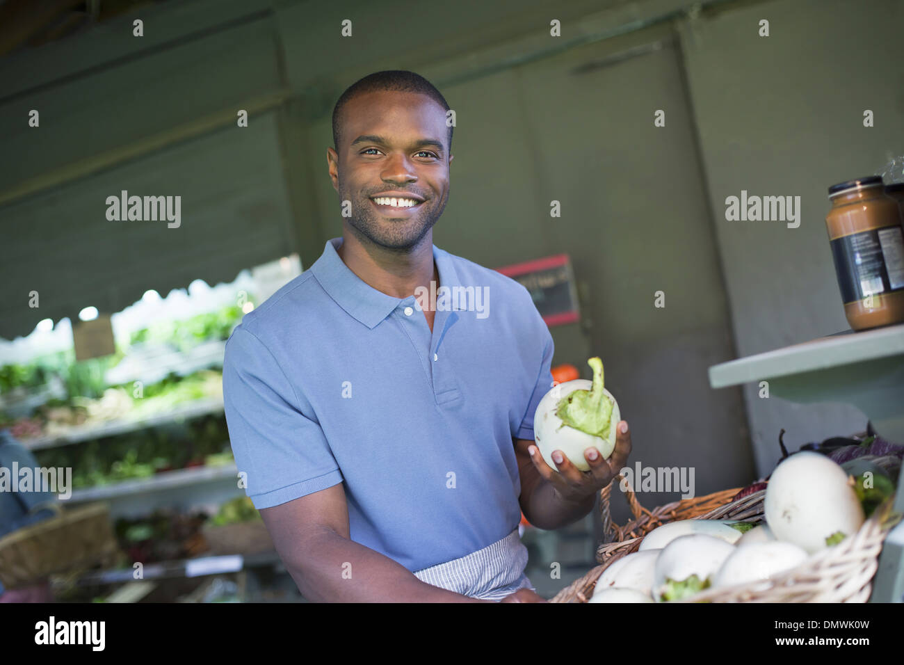 Ein Bio-Obst und Gemüse Bauernhof. Ein Mann Gemüse sortieren. Stockfoto