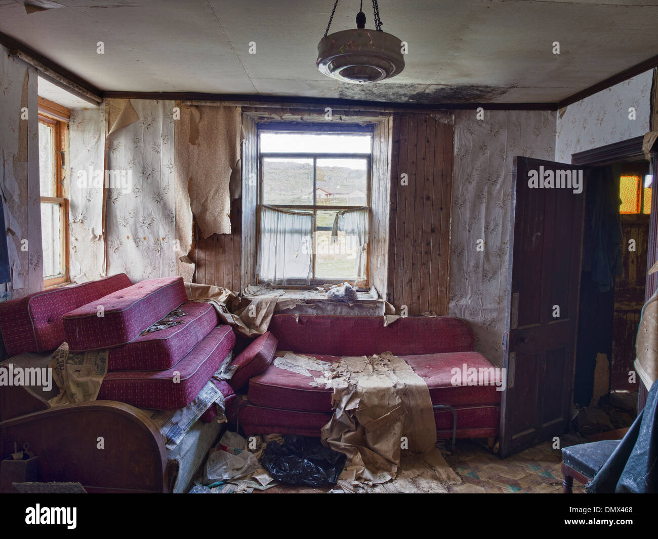 Innere des verlassenen Croft House, Isle of Lewis Stockfoto